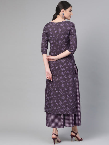 Women Purple &  Straight Floral Printed Kurta And Skirt Set | LASVINI - Redefining Indian Fashion with Elegance