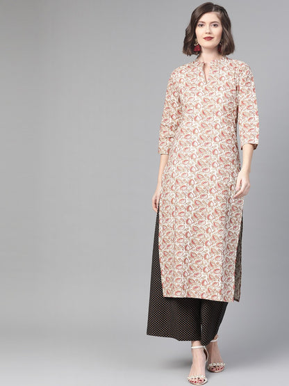 Women Off White & Beige Straight Floral Printed Kurta And Palazzos Set | LASVINI - Redefining Indian Fashion with Elegance