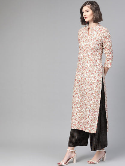 Women Off White & Beige Straight Floral Printed Kurta And Palazzos Set | LASVINI - Redefining Indian Fashion with Elegance