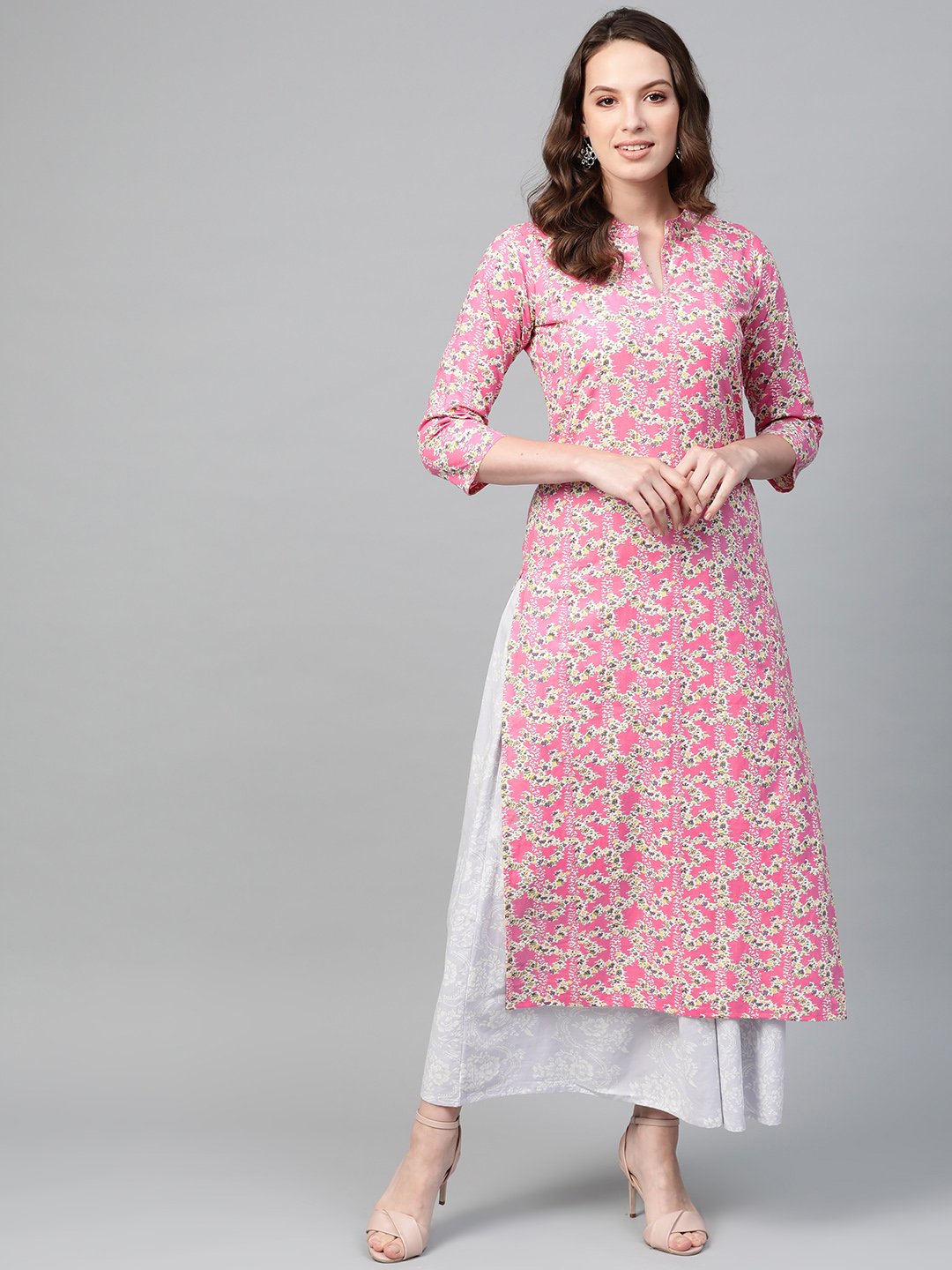Women Pink & Off White Straight Floral Printed Kurta And Skirt Set | LASVINI - Redefining Indian Fashion with Elegance