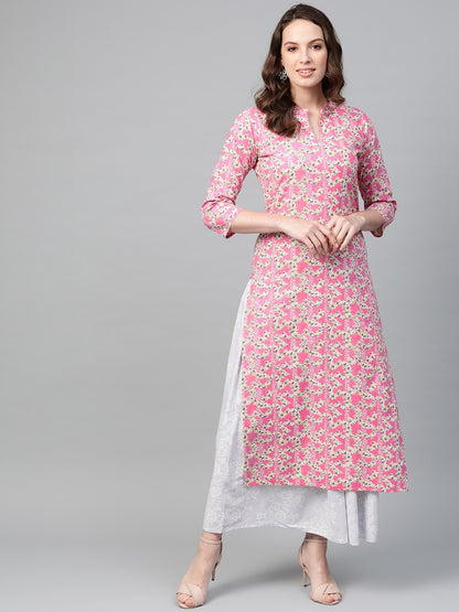 Women Pink & Off White Straight Floral Printed Kurta And Skirt Set | LASVINI - Redefining Indian Fashion with Elegance