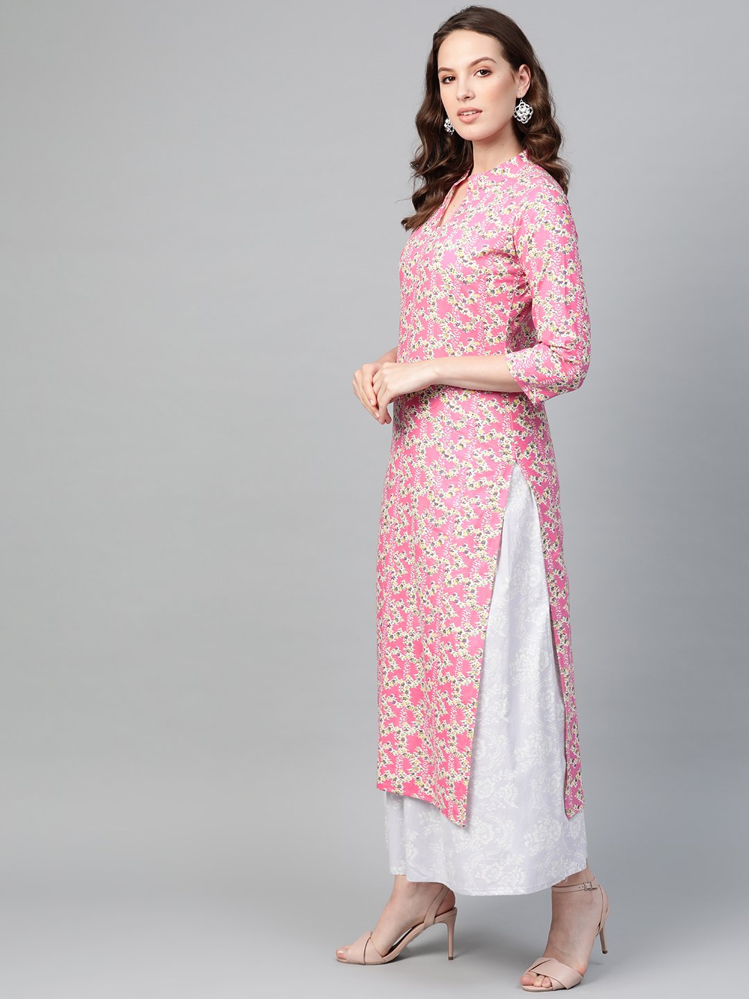 Women Pink & Off White Straight Floral Printed Kurta And Skirt Set | LASVINI - Redefining Indian Fashion with Elegance