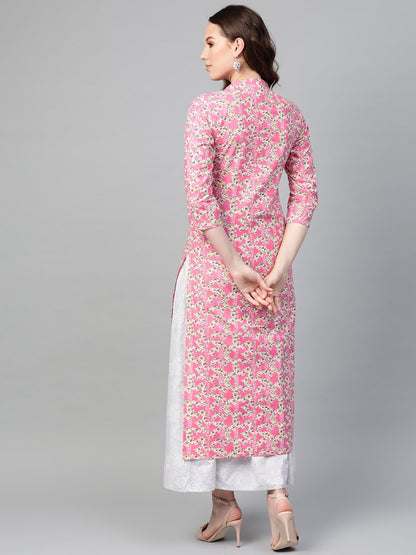 Women Pink & Off White Straight Floral Printed Kurta And Skirt Set | LASVINI - Redefining Indian Fashion with Elegance