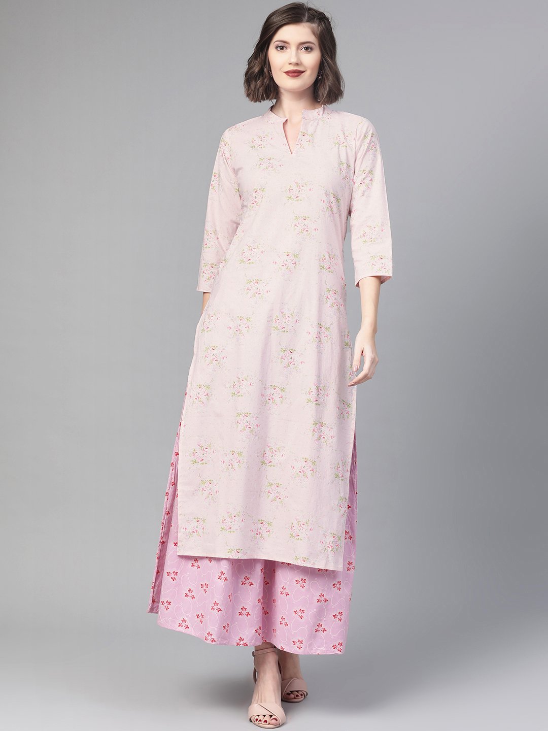 Women Pink & Green Straight Floral Printed Kurta And Skirt Set | LASVINI - Redefining Indian Fashion with Elegance
