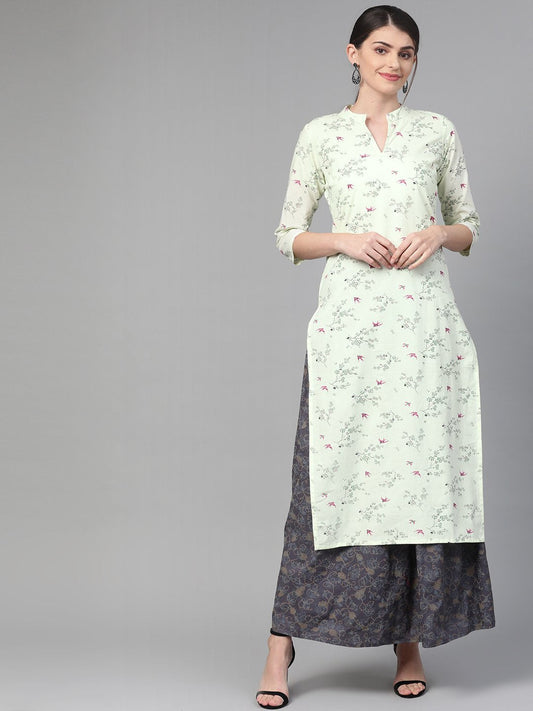 Women Green & Pink Straight Floral Printed Kurta And Skirt Set | LASVINI - Redefining Indian Fashion with Elegance