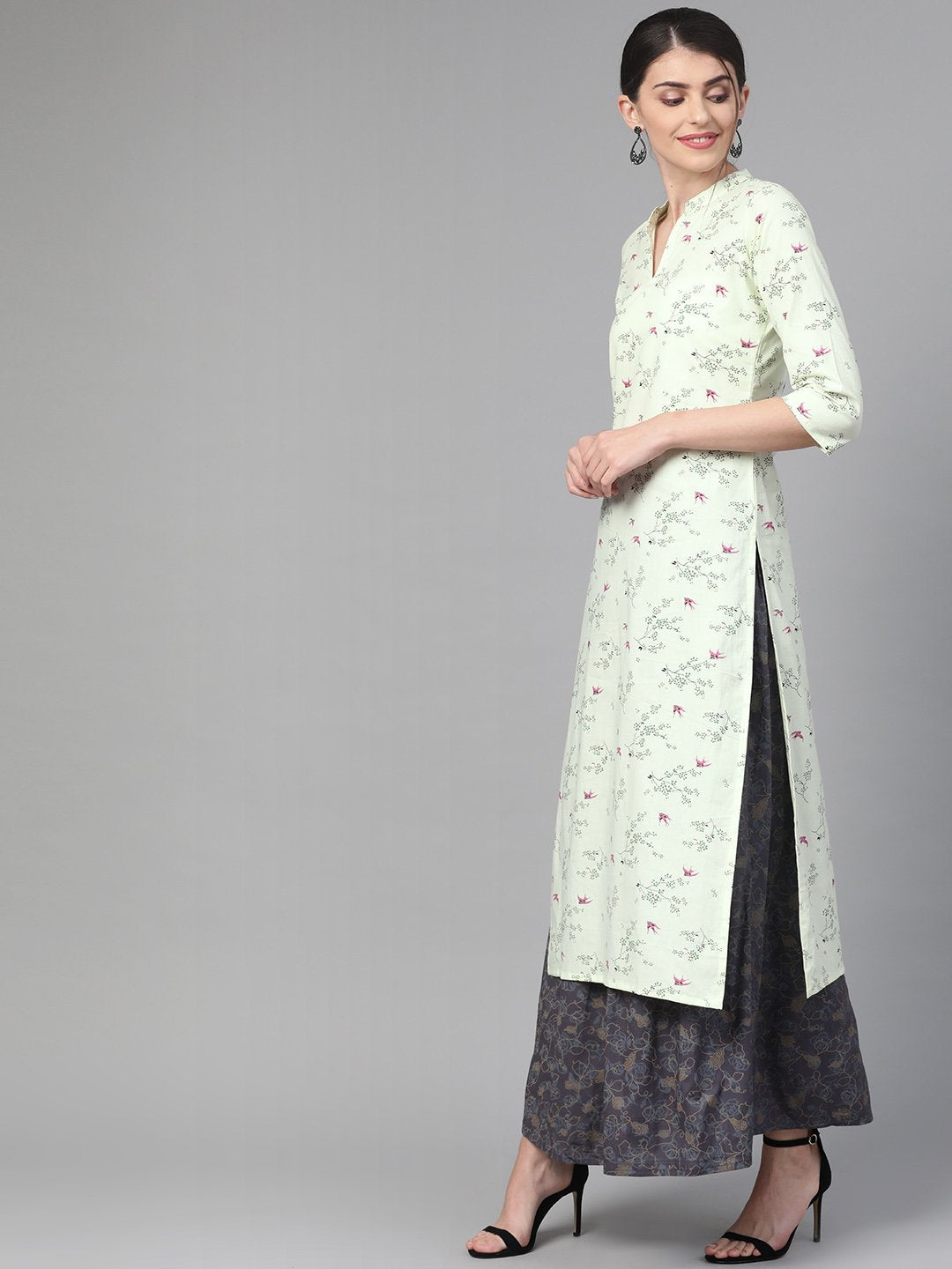 Women Green & Pink Straight Floral Printed Kurta And Skirt Set | LASVINI - Redefining Indian Fashion with Elegance