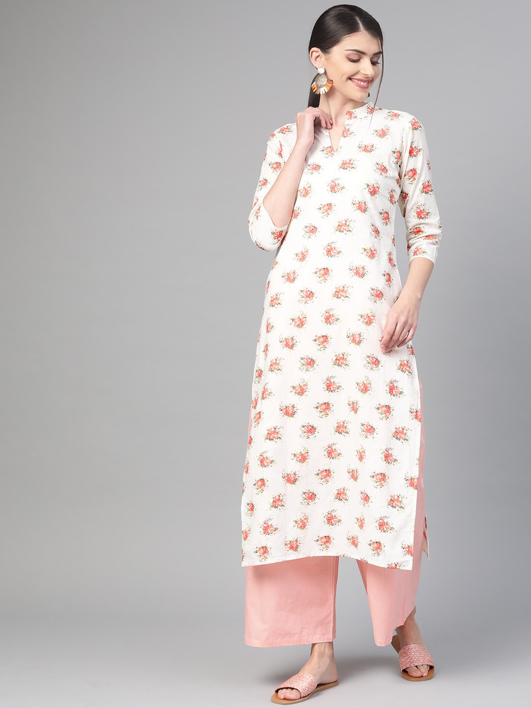 Women Off White & Peach Straight Floral Printed Kurta And Palazzos Set | LASVINI - Redefining Indian Fashion with Elegance