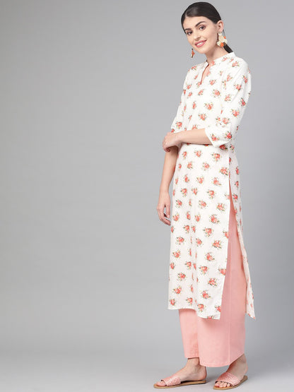 Women Off White & Peach Straight Floral Printed Kurta And Palazzos Set | LASVINI - Redefining Indian Fashion with Elegance