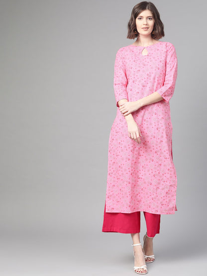 Adults-Women Pink & White Cotton Straight Floral Printed Kurta | LASVINI - Redefining Indian Fashion with Elegance