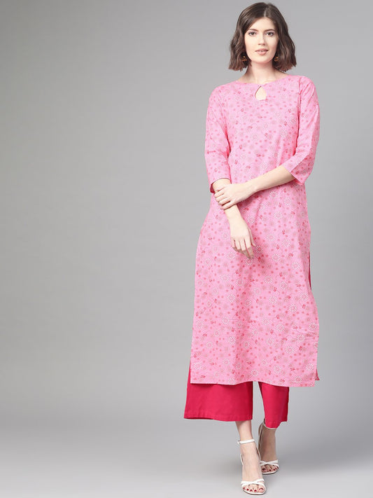 Adults-Women Pink & White Cotton Straight Floral Printed Kurta | LASVINI - Redefining Indian Fashion with Elegance