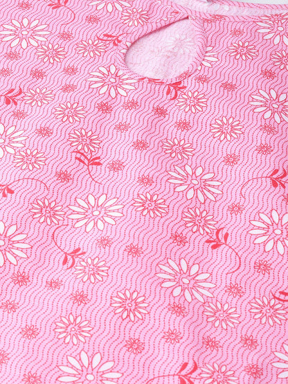 Adults-Women Pink & White Cotton Straight Floral Printed Kurta | LASVINI - Redefining Indian Fashion with Elegance