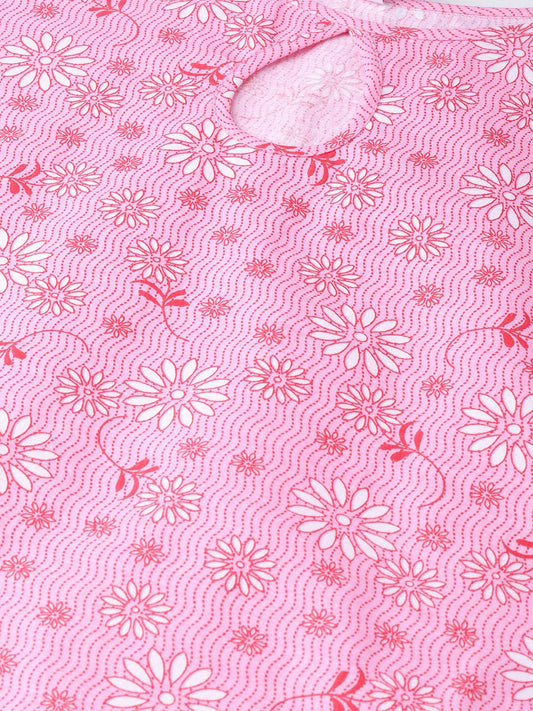 Adults-Women Pink & White Cotton Straight Floral Printed Kurta | LASVINI - Redefining Indian Fashion with Elegance
