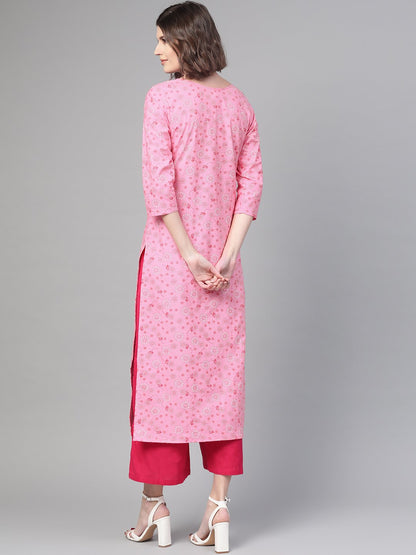 Adults-Women Pink & White Cotton Straight Floral Printed Kurta | LASVINI - Redefining Indian Fashion with Elegance