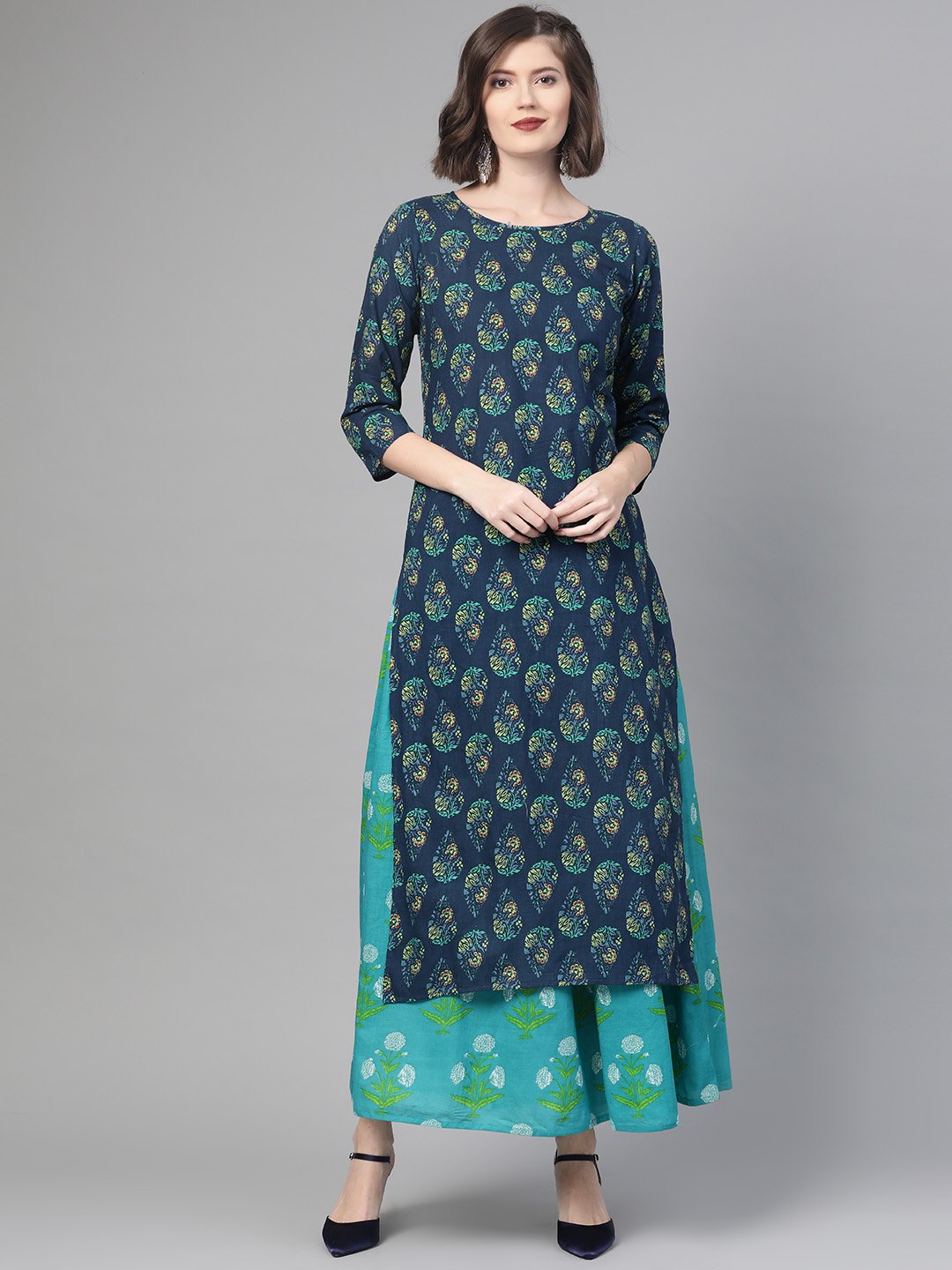 Women Navy Blue & Green Straight Ethnic Motifs Printed Kurta And Skirt Set | LASVINI - Redefining Indian Fashion with Elegance