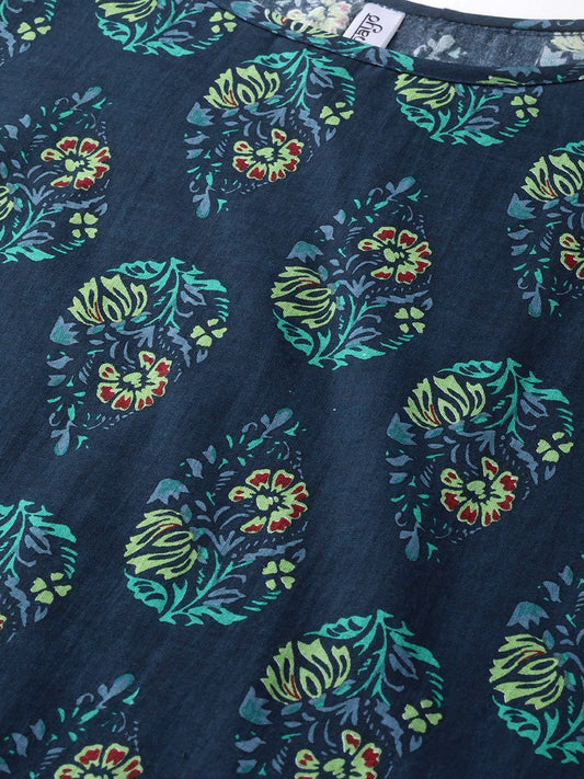 Women Navy Blue & Green Straight Ethnic Motifs Printed Kurta And Skirt Set | LASVINI - Redefining Indian Fashion with Elegance