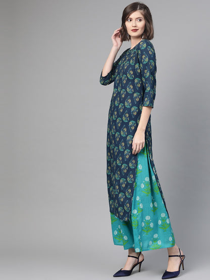Women Navy Blue & Green Straight Ethnic Motifs Printed Kurta And Skirt Set | LASVINI - Redefining Indian Fashion with Elegance