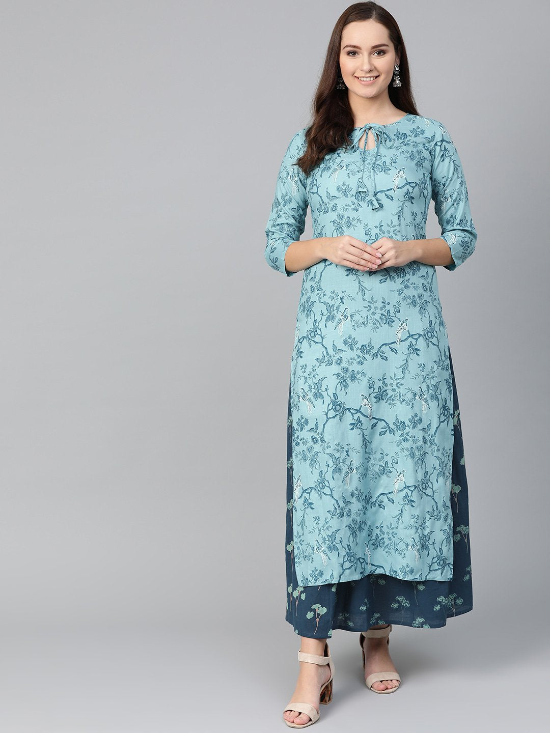 Women Teal & Navy Blue Straight Floral Printed Kurta And Skirt Set | LASVINI - Redefining Indian Fashion with Elegance