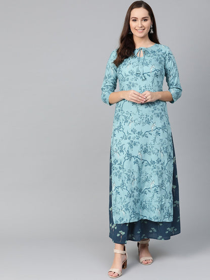 Women Teal & Navy Blue Straight Floral Printed Kurta And Skirt Set | LASVINI - Redefining Indian Fashion with Elegance