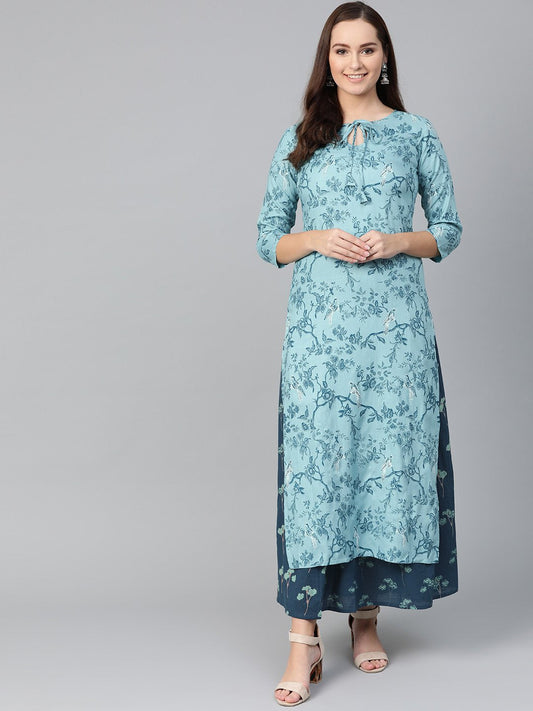 Women Teal & Navy Blue Straight Floral Printed Kurta And Skirt Set | LASVINI - Redefining Indian Fashion with Elegance