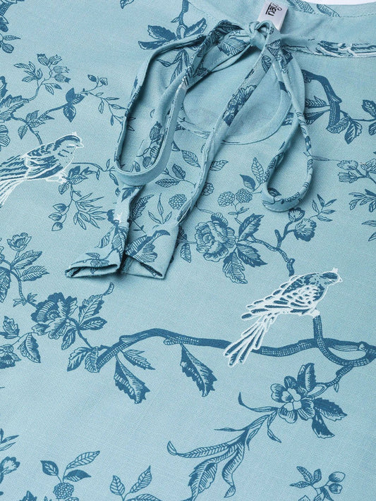 Women Teal & Navy Blue Straight Floral Printed Kurta And Skirt Set | LASVINI - Redefining Indian Fashion with Elegance