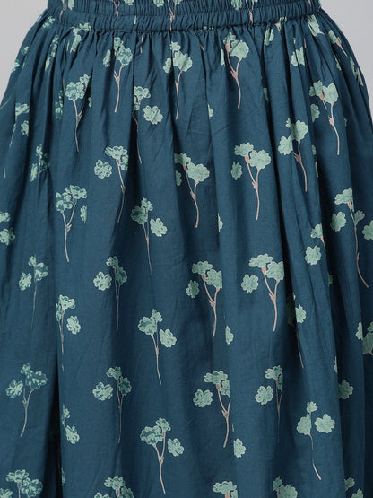 Women Teal & Navy Blue Straight Floral Printed Kurta And Skirt Set | LASVINI - Redefining Indian Fashion with Elegance