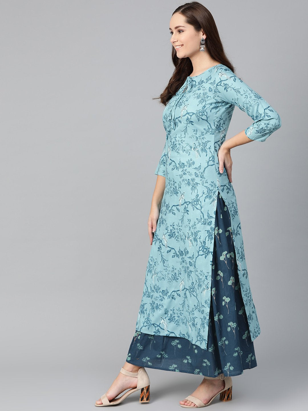 Women Teal & Navy Blue Straight Floral Printed Kurta And Skirt Set | LASVINI - Redefining Indian Fashion with Elegance