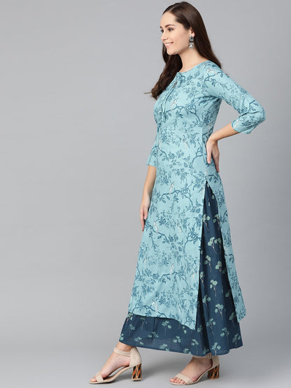 Women Teal & Navy Blue Straight Floral Printed Kurta And Skirt Set | LASVINI - Redefining Indian Fashion with Elegance