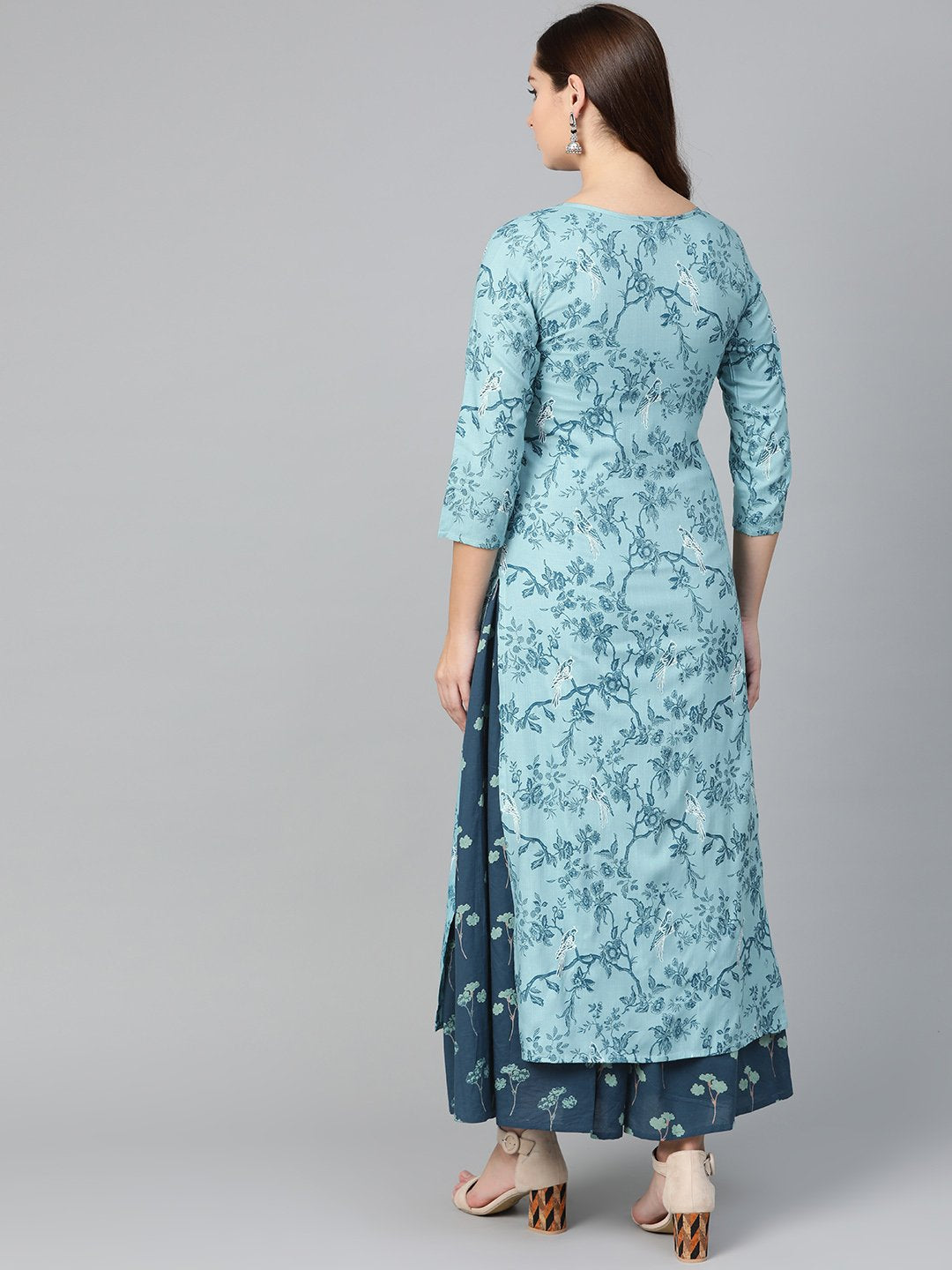 Women Teal & Navy Blue Straight Floral Printed Kurta And Skirt Set | LASVINI - Redefining Indian Fashion with Elegance