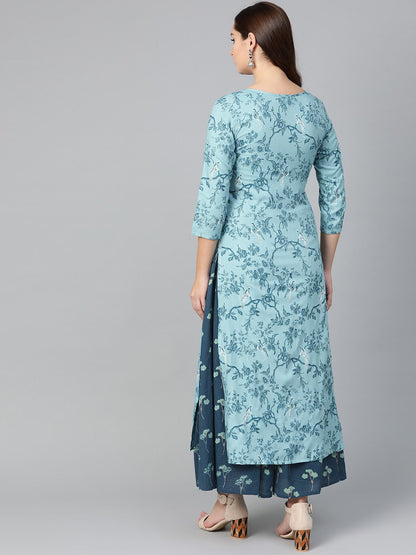 Women Teal & Navy Blue Straight Floral Printed Kurta And Skirt Set | LASVINI - Redefining Indian Fashion with Elegance
