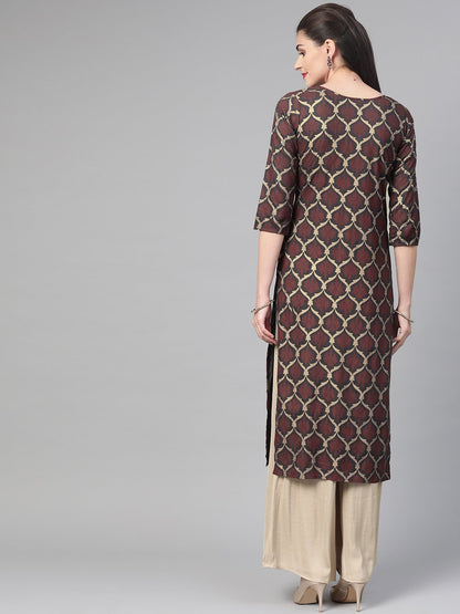 Adults-Women Olive & Gold Cotton Straight Geometric Printed Kurta | LASVINI - Redefining Indian Fashion with Elegance