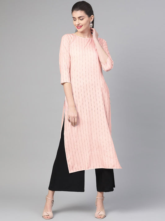 Adults-Women Red & Gold Cotton Straight Striped Striped Kurta | LASVINI - Redefining Indian Fashion with Elegance