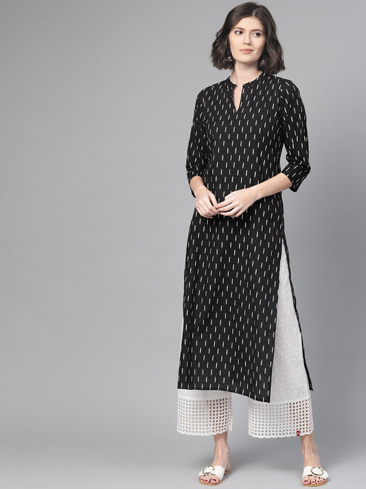 Adults-Women Black & White Cotton Straight Abstract Printed Kurta | LASVINI - Redefining Indian Fashion with Elegance