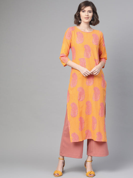 Adults-Women Orange & Pink Cotton Straight Paisley Printed Kurta | LASVINI - Redefining Indian Fashion with Elegance