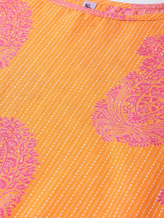 Adults-Women Orange & Pink Cotton Straight Paisley Printed Kurta | LASVINI - Redefining Indian Fashion with Elegance