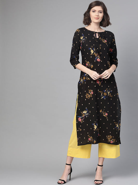 Adults-Women Black & Gold Cotton Straight Floral Printed Kurta | LASVINI - Redefining Indian Fashion with Elegance