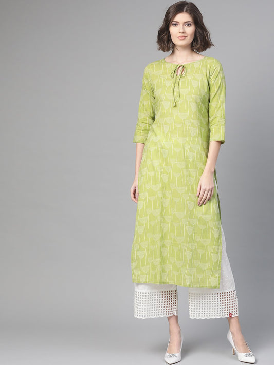 Adults-Women Green & Off White Cotton Straight Quirky Printed Kurta | LASVINI - Redefining Indian Fashion with Elegance