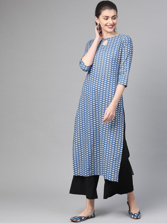 Adults-Women Blue & White Cotton Straight Floral Printed Kurta | LASVINI - Redefining Indian Fashion with Elegance