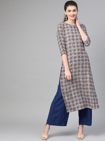 Adults-Women Grey & Maroon Cotton Straight Geometric Printed Kurta | LASVINI - Redefining Indian Fashion with Elegance