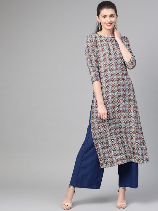 Adults-Women Grey & Maroon Cotton Straight Geometric Printed Kurta | LASVINI - Redefining Indian Fashion with Elegance