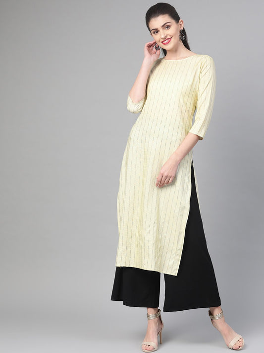 Adults-Women Lime Green & Gold Cotton Straight Striped Striped Kurta | LASVINI - Redefining Indian Fashion with Elegance