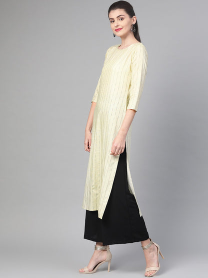 Adults-Women Lime Green & Gold Cotton Straight Striped Striped Kurta | LASVINI - Redefining Indian Fashion with Elegance