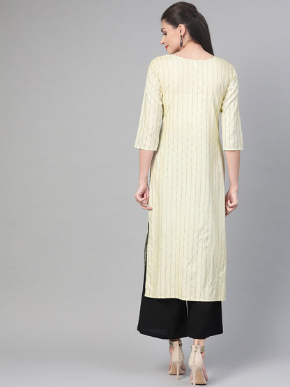 Adults-Women Lime Green & Gold Cotton Straight Striped Striped Kurta | LASVINI - Redefining Indian Fashion with Elegance