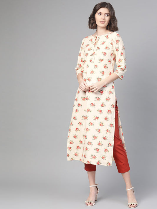 Adults-Women Cream & Peach Cotton Straight Floral Printed Kurta | LASVINI - Redefining Indian Fashion with Elegance