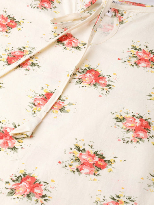 Adults-Women Cream & Peach Cotton Straight Floral Printed Kurta | LASVINI - Redefining Indian Fashion with Elegance
