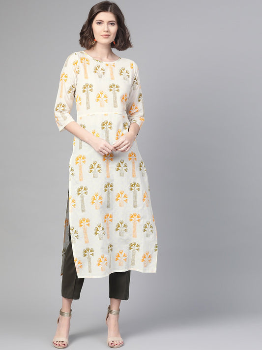 Adults-Women White & Orange Cotton Straight Floral Printed Kurta | LASVINI - Redefining Indian Fashion with Elegance