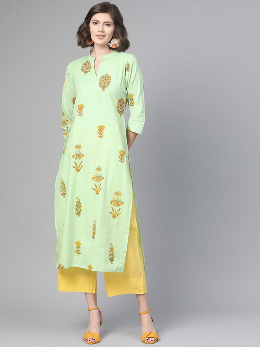Adults-Women Green & Orange Cotton Straight Floral Printed Kurta | LASVINI - Redefining Indian Fashion with Elegance