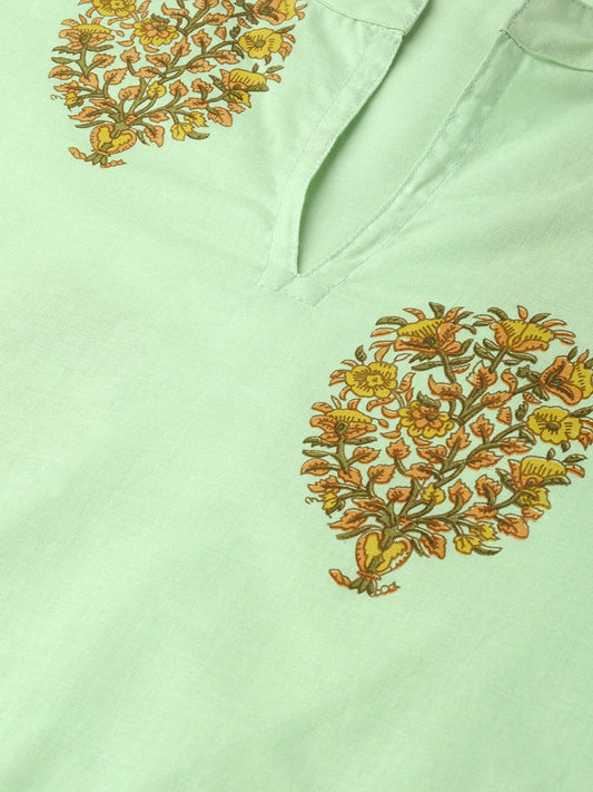 Adults-Women Green & Orange Cotton Straight Floral Printed Kurta | LASVINI - Redefining Indian Fashion with Elegance