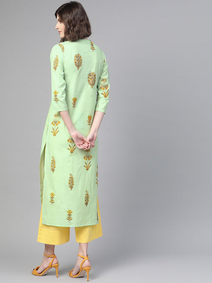 Adults-Women Green & Orange Cotton Straight Floral Printed Kurta | LASVINI - Redefining Indian Fashion with Elegance