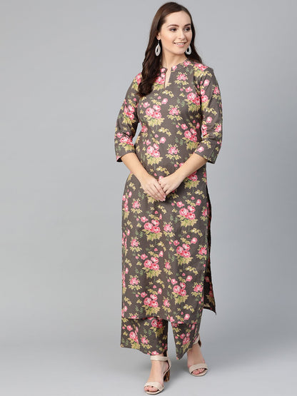 Women Grey & Pink Straight Floral Printed Kurta And Palazzos Set | LASVINI - Redefining Indian Fashion with Elegance