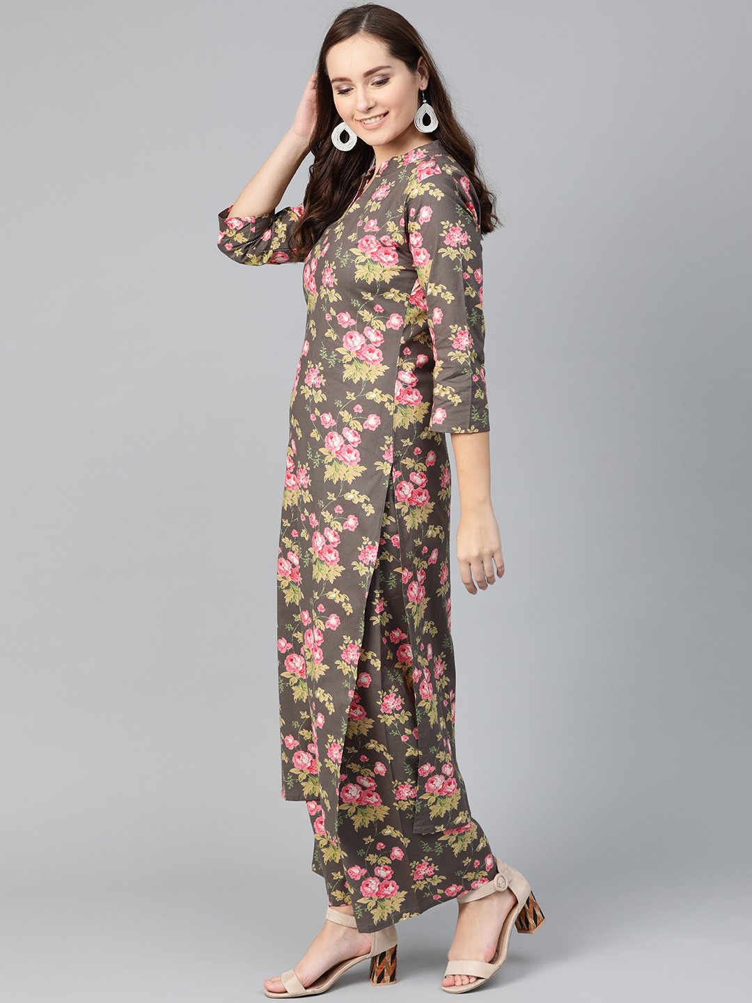 Women Grey & Pink Straight Floral Printed Kurta And Palazzos Set | LASVINI - Redefining Indian Fashion with Elegance